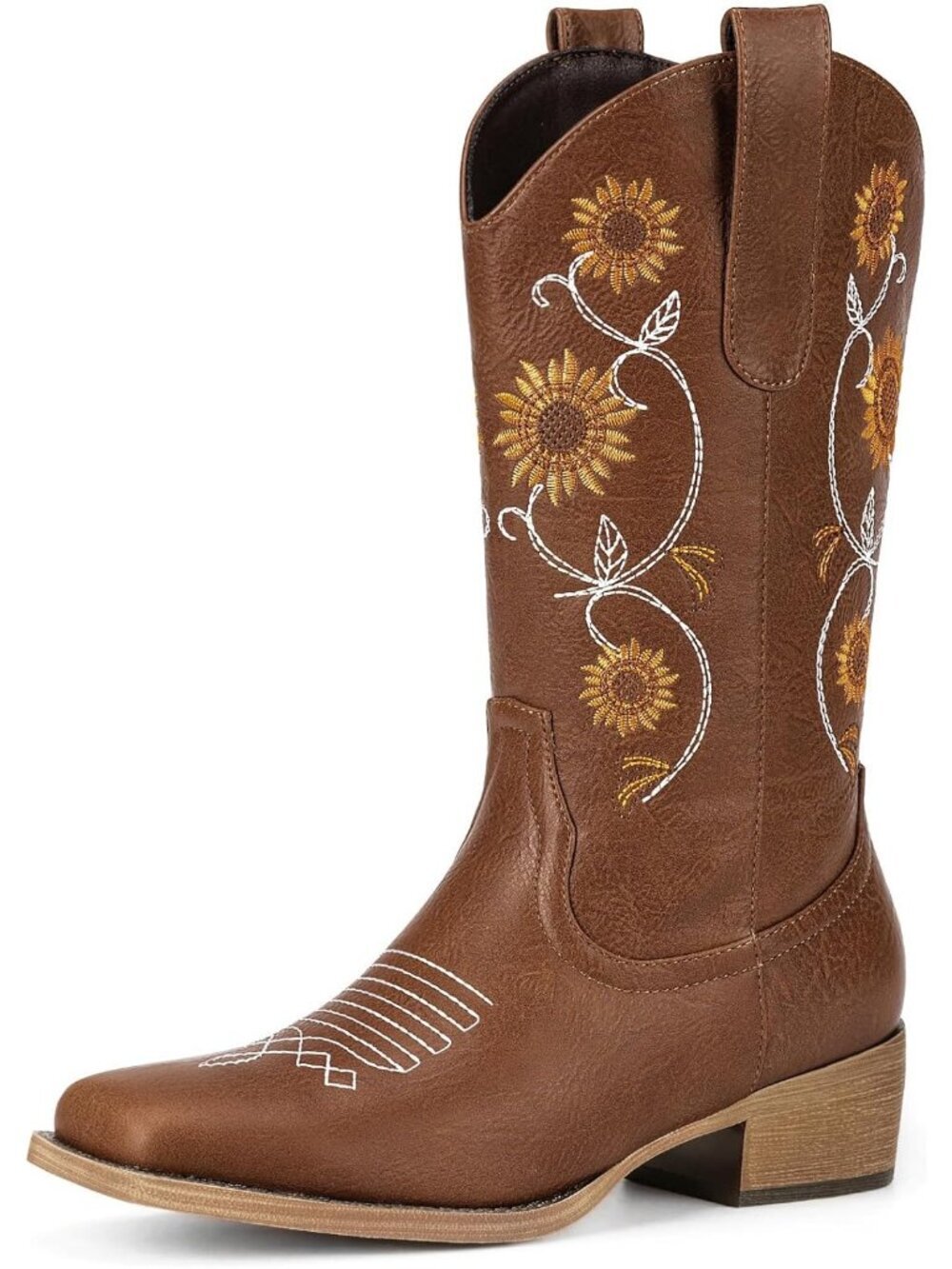 Women Brown Leather Mid Calf Floral Western Sunflower Cowgirl Boot